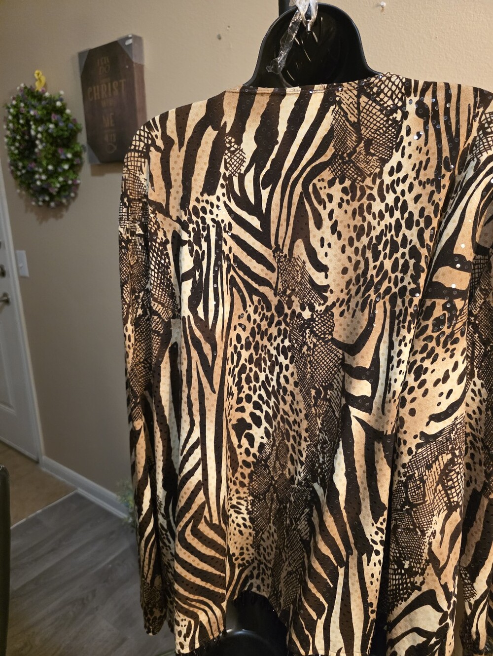 MSK Animal Print Open-Front Jacket in Beige & Black